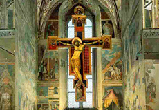 マエストロ・ディ・フランチェスコ作「十字架上のキリストとその足に接吻する聖フランチェスコ」